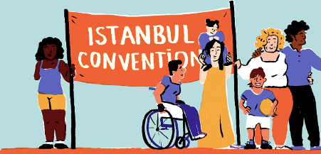 a group of people drawn in cartoon style in front of a banner that reads 'Istanbul Convention'