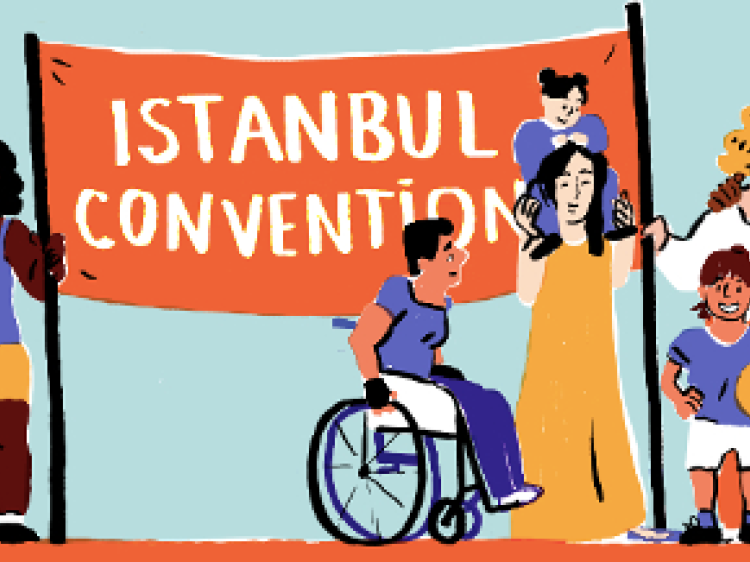 a group of people drawn in cartoon style in front of a banner that reads 'Istanbul Convention'